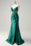 Sparkly Dark Green Corset Beaded Mermaid Satin Prom Dress with Slit