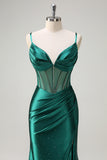 Sparkly Dark Green Corset Beaded Mermaid Satin Prom Dress with Slit