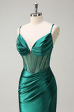 Sparkly Dark Green Corset Beaded Mermaid Satin Prom Dress with Slit