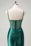 Sparkly Dark Green Corset Beaded Mermaid Satin Prom Dress with Slit