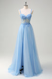 Glitter Blue Applique Corset A-Line Prom Dress with Slit