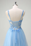 Glitter Blue Applique Corset A-Line Prom Dress with Slit