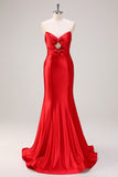 Red Strapless Keyhole Mermaid Satin Prom Dress with Bows