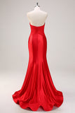 Red Strapless Keyhole Mermaid Satin Prom Dress with Bows