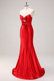 Red Strapless Keyhole Mermaid Satin Prom Dress with Bows