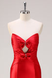 Red Strapless Keyhole Mermaid Satin Prom Dress with Bows