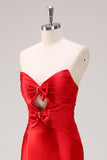 Red Strapless Keyhole Mermaid Satin Prom Dress with Bows