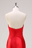 Red Strapless Keyhole Mermaid Satin Prom Dress with Bows