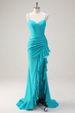 Blue Spaghetti Straps Mermaid Beaded Corset Prom Dress with Slit