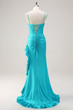 Blue Spaghetti Straps Mermaid Beaded Corset Prom Dress with Slit