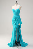 Blue Spaghetti Straps Mermaid Beaded Corset Prom Dress with Slit