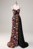 Sparkly Black Floral Mermaid Watteau Train Applique Prom Dress with Slit