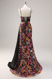 Sparkly Black Floral Mermaid Watteau Train Applique Prom Dress with Slit