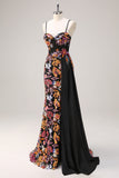 Sparkly Black Floral Mermaid Watteau Train Applique Prom Dress with Slit