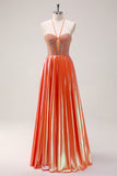 Sparkly Orange A-Line Halter Beaded Metallic Long Prom Dress