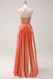 Sparkly Orange A-Line Halter Beaded Metallic Long Prom Dress