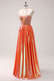 Sparkly Orange A-Line Halter Beaded Metallic Long Prom Dress