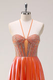 Sparkly Orange A-Line Halter Beaded Metallic Long Prom Dress