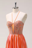 Sparkly Orange A-Line Halter Beaded Metallic Long Prom Dress