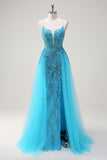 Sparkly Blue Spaghetti Straps Sequin Long Prom Dress with Side Cape