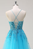 Sparkly Blue Spaghetti Straps Sequin Long Prom Dress with Side Cape