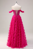 Fuchsia A-Line Tiered Off the Shoulder Corset Prom Dress with Beading