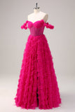 Fuchsia A-Line Tiered Off the Shoulder Corset Prom Dress with Beading