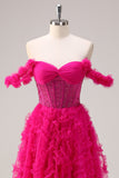 Fuchsia A-Line Tiered Off the Shoulder Corset Prom Dress with Beading