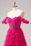 Fuchsia A-Line Tiered Off the Shoulder Corset Prom Dress with Beading