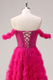 Fuchsia A-Line Tiered Off the Shoulder Corset Prom Dress with Beading