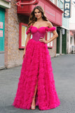 Fuchsia A-Line Ruffle Off the Shoulder Corset Prom Dress with Slit