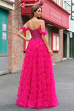 Fuchsia A-Line Tiered Off the Shoulder Corset Prom Dress with Beading