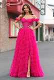 Fuchsia A-Line Ruffle Off the Shoulder Corset Prom Dress with Slit