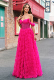 Fuchsia A-Line Ruffle Off the Shoulder Corset Prom Dress with Slit