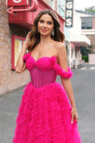 Fuchsia A-Line Ruffle Off the Shoulder Corset Prom Dress with Slit