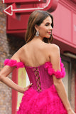 Fuchsia A-Line Ruffle Off the Shoulder Corset Prom Dress with Slit