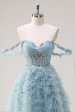 Dusty Blue Princess Off the Shoulder Sheer Corset Long Prom Dress with Ruffles