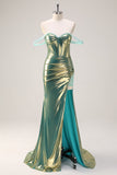 Green Off the Shoulder Mermaid Metallic Corset Prom Dress with Slit