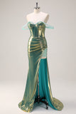 Green Off the Shoulder Mermaid Metallic Corset Prom Dress with Slit