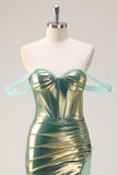 Green Off the Shoulder Mermaid Metallic Corset Prom Dress with Slit