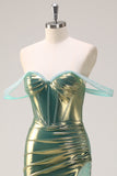 Green Off the Shoulder Mermaid Metallic Corset Prom Dress with Slit