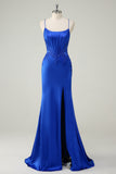 Royal Blue Spaghetti Straps Applique Satin Mermaid Prom Dress with Slit