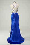 Royal Blue Spaghetti Straps Applique Satin Mermaid Prom Dress with Slit