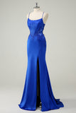 Royal Blue Spaghetti Straps Applique Satin Mermaid Prom Dress with Slit