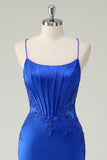 Royal Blue Spaghetti Straps Applique Satin Mermaid Prom Dress with Slit