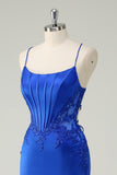 Royal Blue Spaghetti Straps Applique Satin Mermaid Prom Dress with Slit