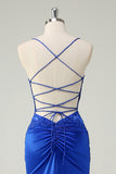 Royal Blue Spaghetti Straps Applique Satin Mermaid Prom Dress with Slit