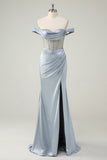 Dusty Blue Corset Off the Shoulder Mermaid Satin Prom Dress with Slit