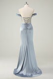 Dusty Blue Corset Off the Shoulder Mermaid Satin Prom Dress with Slit