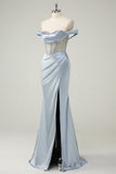 Dusty Blue Corset Off the Shoulder Mermaid Satin Prom Dress with Slit